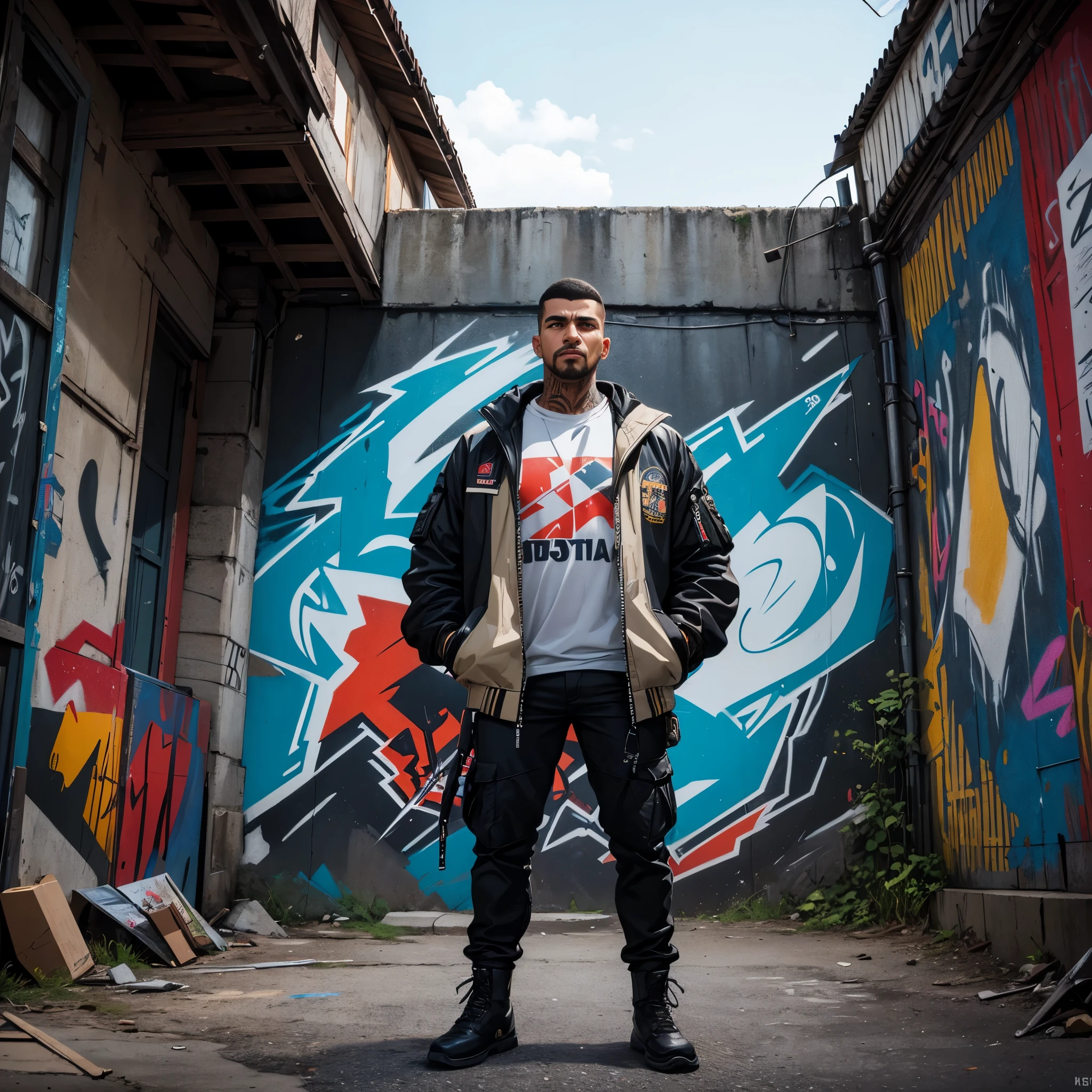 GROUND shot view ,A HANDSOME BRAZILIAN MAN, GROWN HAIR, MILITARY HAIRCUT, graffiti artist, wearing a jacket, in the background of a wall with a graffiti drawing ,beautiful picture, absurd amount of detail, REALIST style、SPRAY PAINT, (graffiti wall), hyper-detailed art、award-winning work, IMPACTFUL VISUAL, outdoor ARTWORK, CINEMATIC LIGHTING, ARTISTIC DETAILS, DYNAMIC SHADOWS ,ATMOSPHERIC EFFECTS, GRAFITI TEXTURES, HIGH-DEFINITION, IMMERSIVE ENVIRONMENT, SUBTLE COLOR GRADING, AUTHENTIC ATMOSPHERE, DETAILED TEXTURES, award winning ARTWORK, MASTERPIECE ARTWORK, trending on artstation, HDR, UHD, 4K, BY EDUARDO KOBRA.