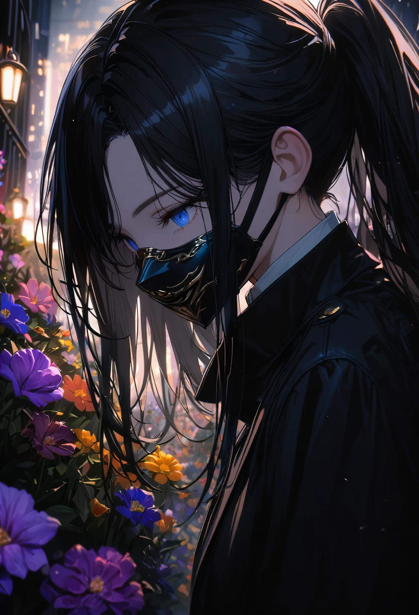 1 matured woman, black trench coat, black long pants, black hair, (Half of the face is hidden by a mask:1.2), blue eyes, slightly opened eyes, pony tail, Side view of the face, no smile, detailed background, dark background, night flower garden, ultra detailed, 8k