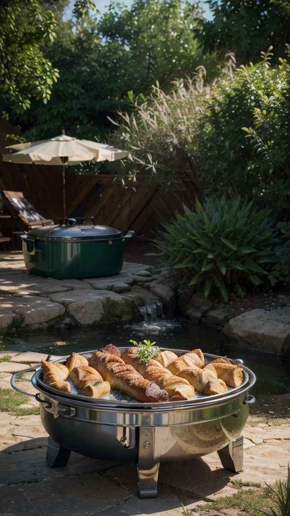 An outdoor egg table, portable stoves and aluminum pots on top, fruits, steak, croissants and other delicacies, 70 degrees downward viewing angle, grass and stream in the background, bright and low midday light, cinematic shot-style, Unreal Engine, trending on artstation, (best quality,4k,8k,highres,masterpiece:1.2), ultra-detailed, (realistic,photorealistic,photo-realistic:1.37), HDR, UHD, studio lighting, ultra-fine painting, sharp focus, physically-based rendering, extreme detail description, professional, vivid colors, bokeh, portraits, landscape, (concept artists), colorful tones, natural lighting.