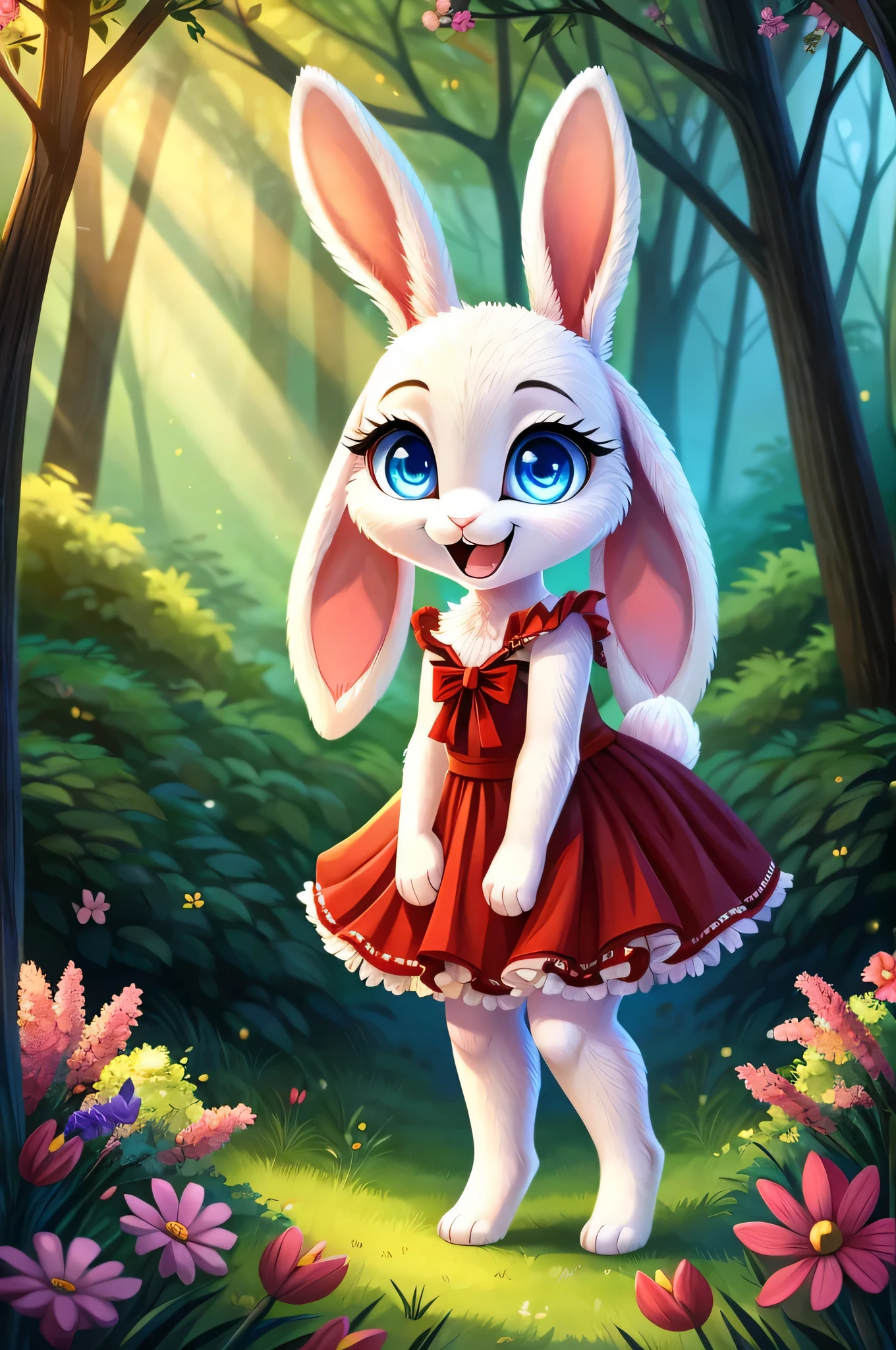 zoomed out image, fantasy style art, cute, adorable, short character, small, tiny little fluffy female white bunny with blue eyes, 4 ears, 2 extra ears, big floppy ears, long ears, ears perked up, raised ears, long eyelashes, poofy rabbit tail, wearing a red frilly ribbon dress, smiling, standing in a forest, big expressive smile, open mouth, wide eyes, excited eyes, excited face, stunning visuals, flowers scattered in the bushes, digital illustration
