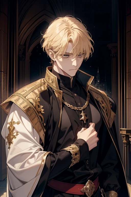 1 male, adult, blond hair with bangs, prince, black clothes, handsome, calm, beautiful, condescending, lean body, in a castle, medieval fantasy