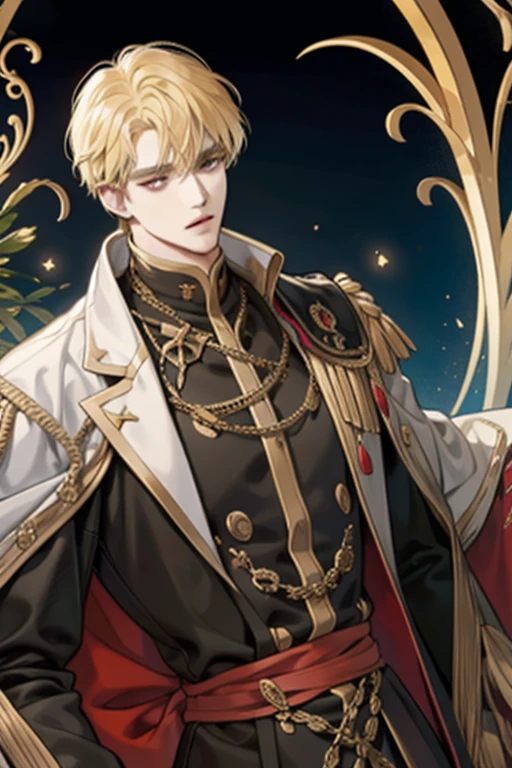1 male, adult, blond hair with bangs, prince, black clothes, handsome, calm, beautiful, condescending, lean body, in a castle, medieval fantasy