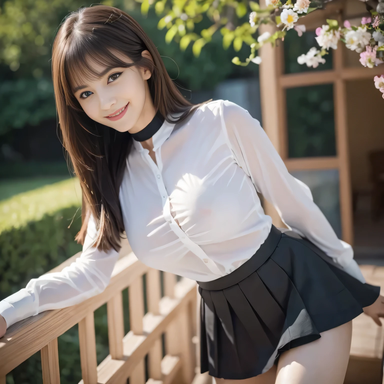 Group photo, Group photo, Very beautiful woman, Highly detailed eyes, Highly detailed face, Sexy and highly detailed lips, Super detailed everything, Attractive woman, Black Choker, blue eyes, Very long eyelashes, bangs, Big Breasts, ((smile)), highest quality, masterpiece, ((Slim face)), Japanese actress, servant, ((High nose)), ((Tight shirt、See-through shirt)), Happy atmosphere, Fun smile, mini skirt, garden