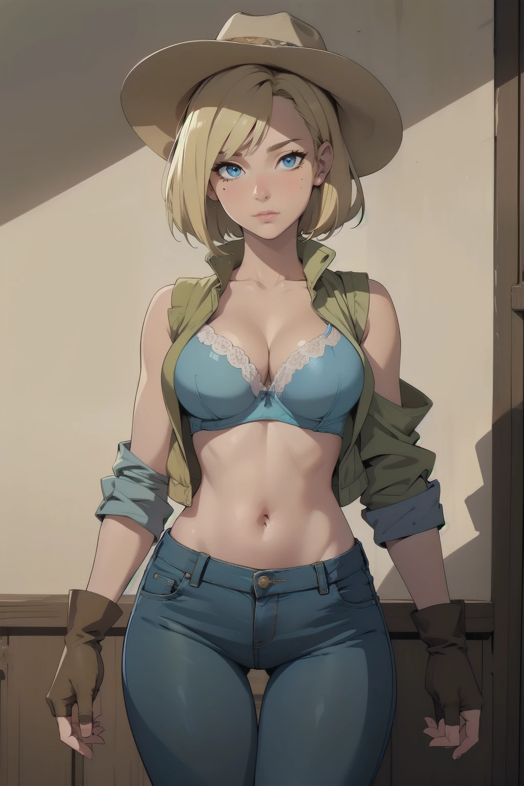 1girl, cowboy hat, beautiful face, white bra, green vest, no sleeve, navel, blue jeans, brown boots, fingerless gloves, short hair, blonde hair, parted bangs, blue eyes, mole under right eye, American old west, best quality, masterpiece, sensual but confident pose, thigh gap