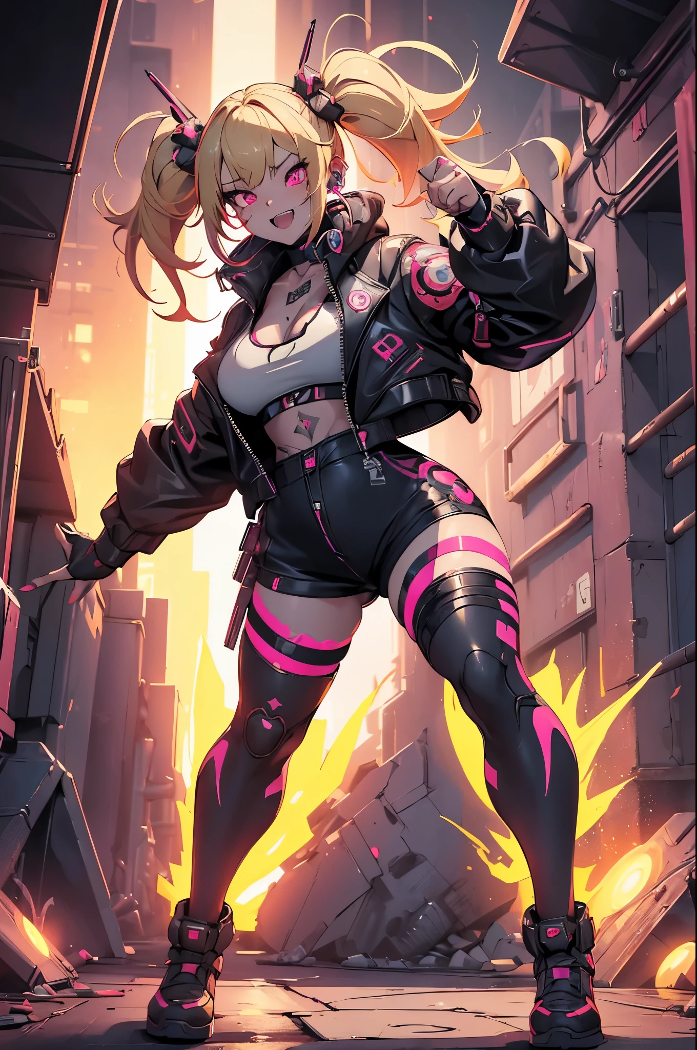 One girl, Rebecca \(cyber punk\), ((full body, fighting stance:1.3)),One Woman,Blonde Twister_Twin tails, glowing Red eyes,Laugh fearlessly, Leg Tattoos, neck tattoo,  Large Breasts, Black bra, String, Red pupils, Leather Fang, Red eyes, Black jacket, Dynamic Pose,Dynamic Angle,cyber punk,cyber cityscape,