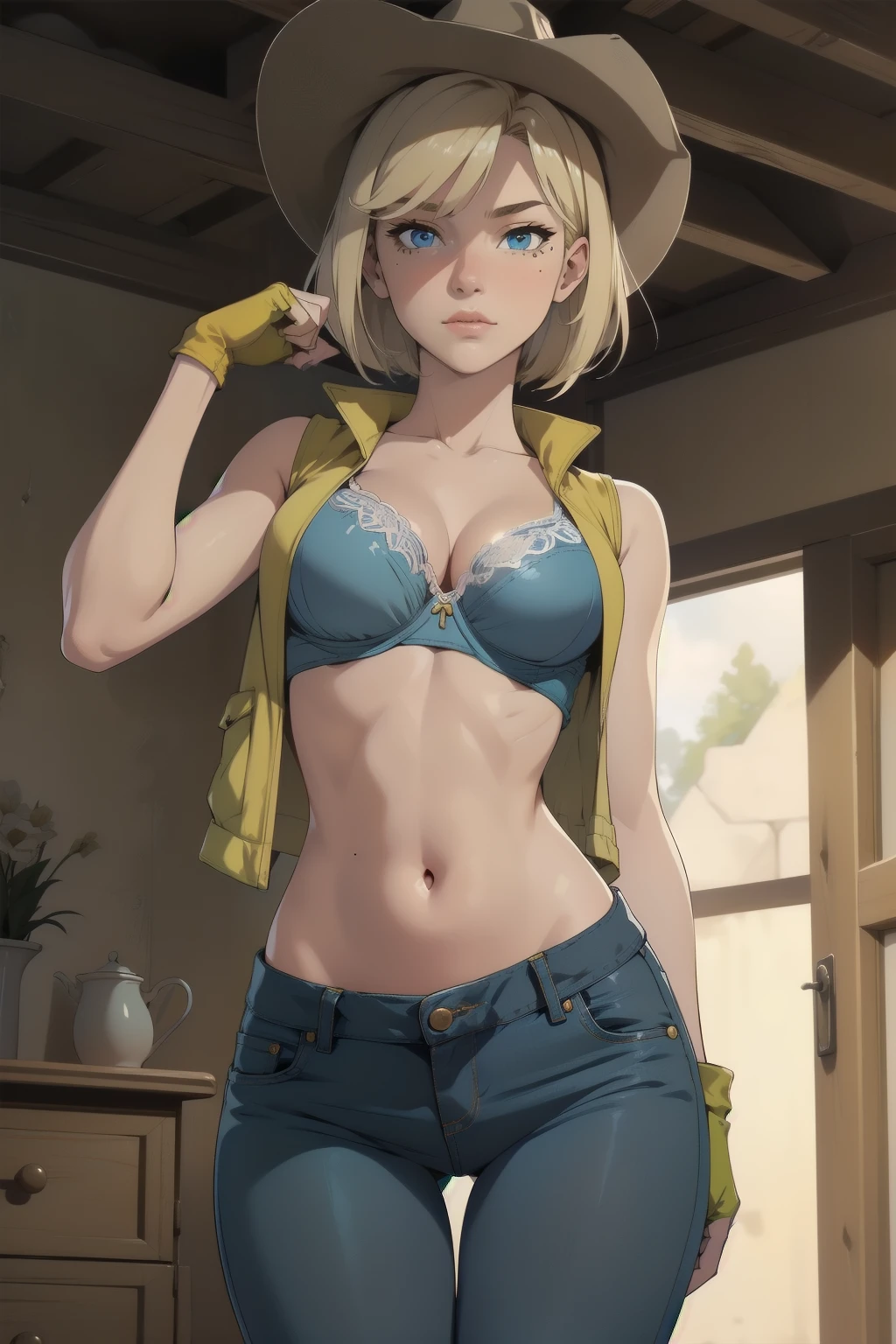 1girl, cowboy hat, beautiful face, white bra, green vest, no sleeve, navel, blue jeans, brown boots, fingerless gloves, short hair, blonde hair, parted bangs, blue eyes, mole under right eye, American old west, best quality, masterpiece, sensual but confident pose, thigh gap, vibrant color, saturated color,