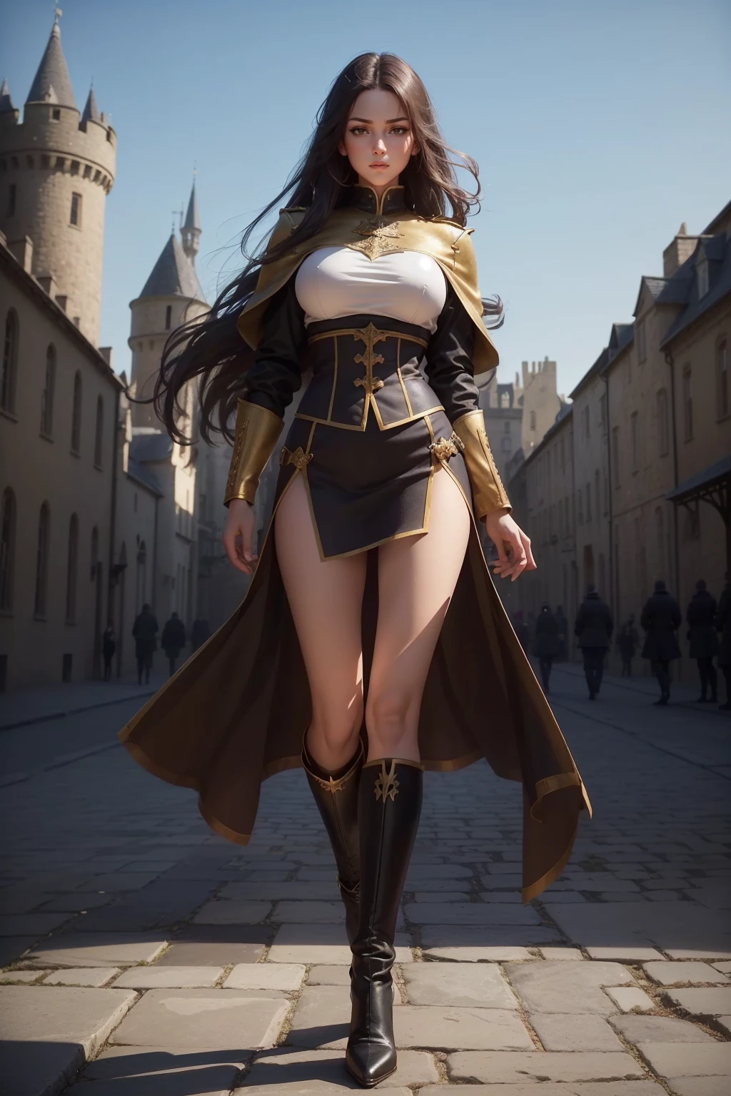 ((Show full body from head to toe, Standing perfectly, standing pose, Body facing to the viewer (Show front body, show center body)). Balance focused camera view, Centered camera view, middle camera view, vertical scape camera. Masterpiece, illustration:1.1, best quality, fine detail, perfect detail, 8K, Ultra HD, Ultra-clear portrait, big resolution, perfect lighting, perfect shadow, top quality, sharp focus. Fantasy, medieval, military. A Beautiful woman wearing military uniform with skirt, and heels. Big breast:1.5, tall body, fit body, Leg length, slender body, bright skin, glowing skin. The background is outside a castle.