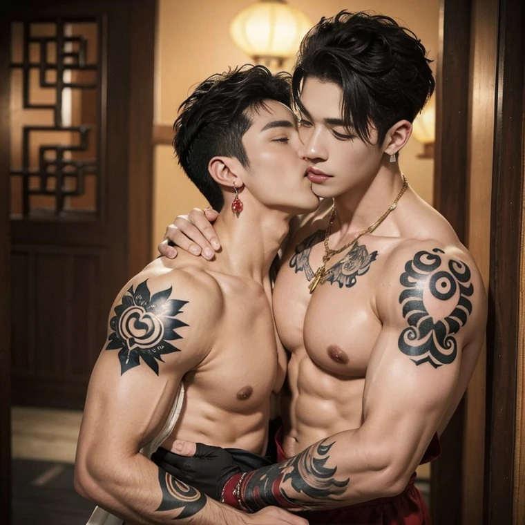 Two  handsome boys fucking,have sex, bj, dick in mouth, smiling at each other,hugging, kissing, touching lips, cuddle, romantic,skin ship,  lift position, penetration, Chinese Men God, Mythology, realistic, Chinese odyssy, super Handsome,manly,  kpop idol, handsome korean actor, 20 years old,, detailed face, manly jawline, detailed mess curly styling hair,  Topless, Muscles, big breast Athlete body, Full Frame,full body shoots, Sexy, realistic, human skin, tattoo breast, Professional studio Lighting, long red tibet wedding Outfit, jade and golden pendent all over , detailed jewery in dress, earings,Chinese ancient wedding Background,out door, super detailed background,look at camera ,  open mouth, sexy Underneathe Underwear, tibet Warrior, Hanfu  red wedding dress,  tibet Male, tibet Nobel, Seduce, Sex Appeals , naked body, tattoo chest, tattoo arms, tattoo hands, tattoo back, tattoo legs ,super big cock, long big dick masturbate,detailed dick and ball, dick in correct shape, big juicy butts.