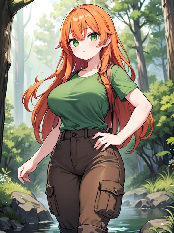 ((Masterpiece)), ((Best Quality)), (Perfectly Detailed), ((Perfect Anatomy)), (Accurate Lighting), (Accurate Shadows), ((Solo)), (Accurately Detailed),                                                     A Young-Adult Girl, with Long Orange Hair, Green Eyes, (Absurdly Huge Breasts), Wide Hips, slightly tall, and is mildly muscular. Wearing a (Worn Green Shirt), (DarkBrown Cargo-Pants), and (Tall Dark-ishGrey Hiking-Boots). Hiking in a Forest, with a small creek and more forest in the background.