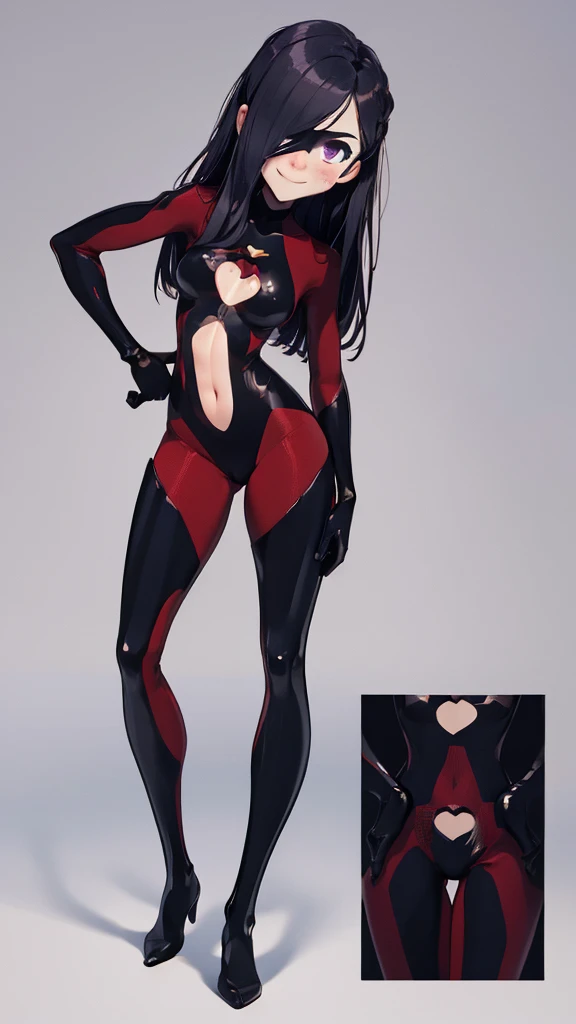 (full body),masterpiece, highest quality, One girl, Violet Par, mask, Long Hair, Black Hair, Hair on one eye, (Hero Suit),Bodysuits,Thick thighs,Place one hand on hip,upright,View your viewers, smile, Simple Background