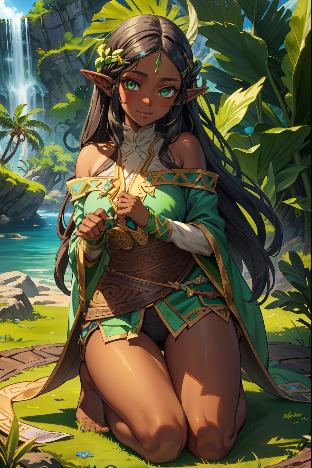 aazelda, long hair, pointy ears, dark skin, Green eyes, Black hair, Seiza, barefoot, (extremely detailed CG unity 4k wallpaper),(masterpiece),(best quality),(ultra-detailed),(best illustration),(best shadow),(absurdres),(detailed background), Tropical island, tribal girl, shy smile, blushing,