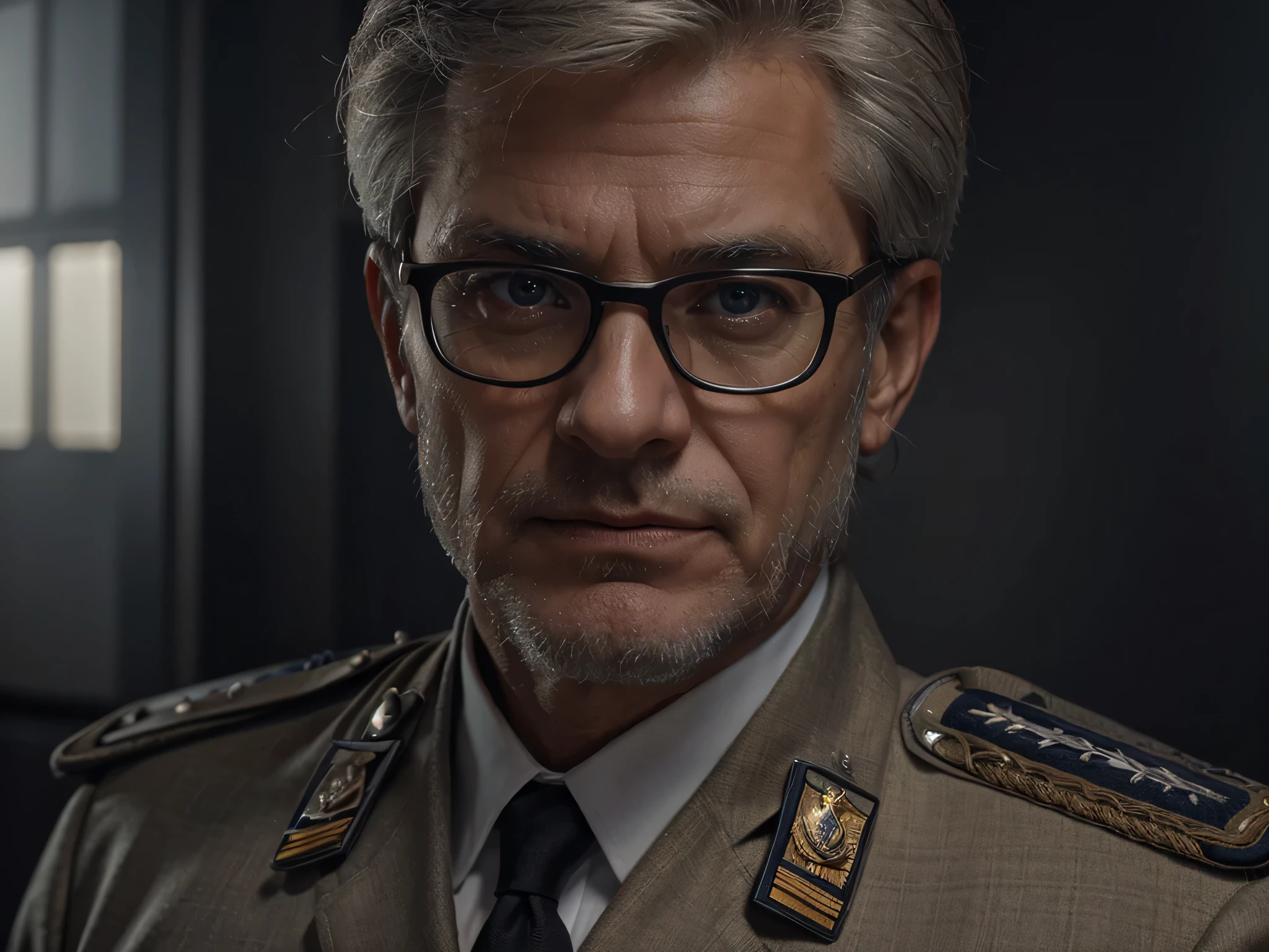 German militar, mature German man masculine face, serious expression, white hair, wears glasses, wears gray air force officer uniform, medals on his uniform, is inside a military office, German flag, Ultra detailed, hyper realistic, 4k, Ultra detailed image, realistic, Highly detailed, perfect composition, Splendid, Intricately detailed, Incredibly detailed, 8K fine art photography, hyper detailed, Masterpiece, Ultra detailed, hyper realistic, 4k, Ultra image detailed, realistic, highly detailed, perfect composition, gorgeous, intricately detailed, incredibly detailed, 8K fine art photography, hyper-detailed, masterpiece