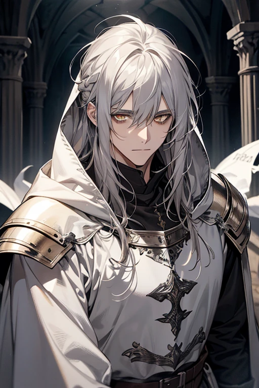 male, messy silver medium length hair with bangs, yellow eyes, adult face, adult, white hood and shroud, breast plate armor, handsome, medieval fantasy, ruins, sorcerer, looking at viewer