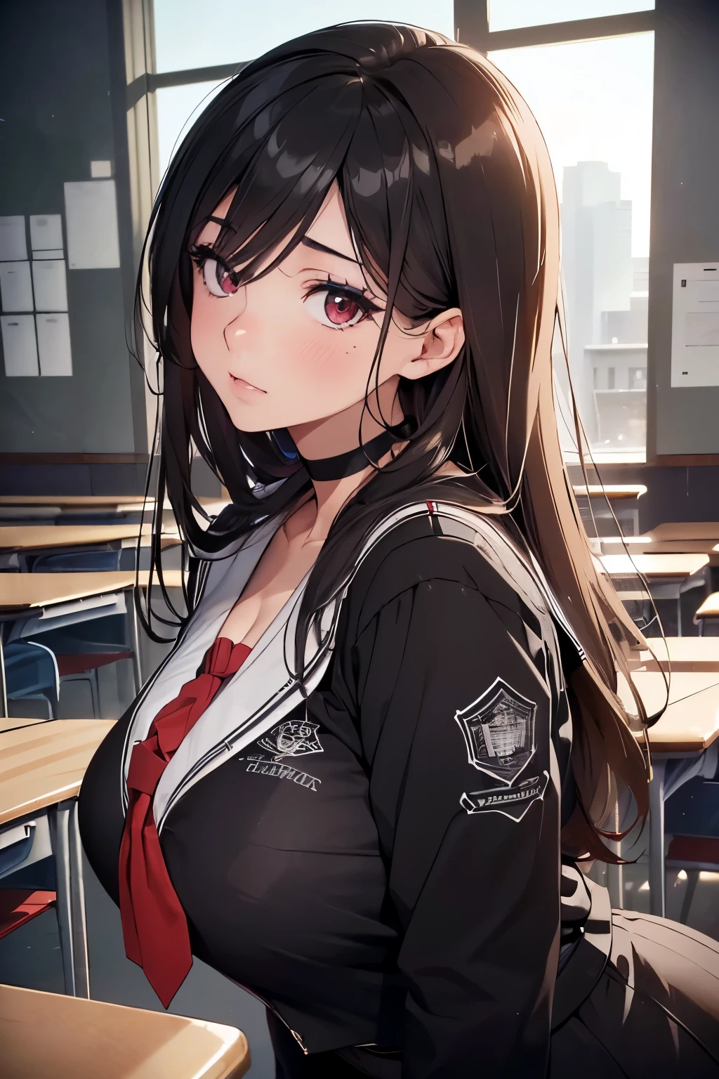 ((portrait)), (gros seins), ((vue de profil)), (Salle de classe:1.4), (finely detailed eyes and detailed face:1.3), (extremely fine and beautiful:1.1), (Perfect details:1.1), hasumi hanekawa, blue archive, uniforme scolaire, black serafuku, choker, red neckerchief, black gloves, seins rebondis, red eyes, 