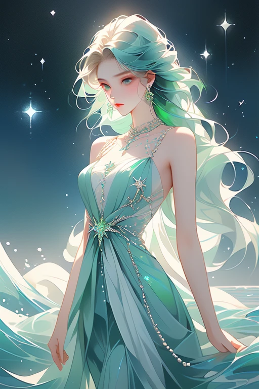 1 girl, Green eyes full of ethereal sadness, porcelain skin, green hair flowing in waves down to her waist, slender figure with a grace of an otherworldly power, Flowing gown made from the shimmering fabrics of the sea, adorned with icy stars, pearls and iridescent blue sapphires