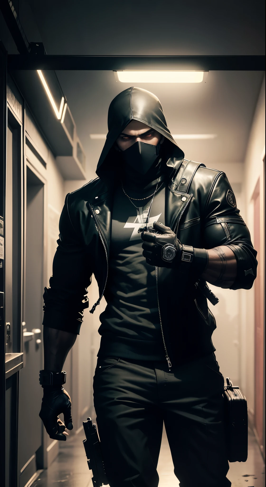 In the dimly lit hallway of an old bank, a man clad in a sleek, black mask and brandishing a menacing gun makes his entrance. The scene unfolds like a bank heist movie, characterized by the stealth and precision of a 3D rendered character art in 8K. His bulky figure, reminiscent of a cyberpunk street thug, seamlessly blends into the gritty, neon-lit background. The anticipation builds as he creeps closer to the vault, preparing for the high-stakes robbery.
A nearby monitor flickers to life, displaying an avant-garde teen assassin - their piercing gaze and long, flowing hair contrast