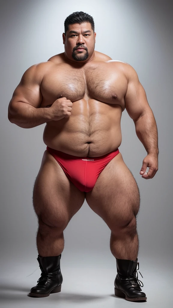 black hair, middle-aged man, individual, male, Muscular wrestler, muscular, Stout wrestler, Asian, Japanese, uncle, 55 year old middle-aged man, short hair, short hair, red wrestling boots, full body portrait, shadow, Vision, red briefs, obesity, 45 years old, short beard, middle-aged man, tattoo, fingerless gloves, Wheat skin, shiny skin, dark skin, Show your pectoral muscles, sumo wrestler, bodybuilder, wide temples, Visible abdominal muscles, Smile, Fine hands, solid color background, pure white background, Surrealism, Panorama, 8k, super detail,