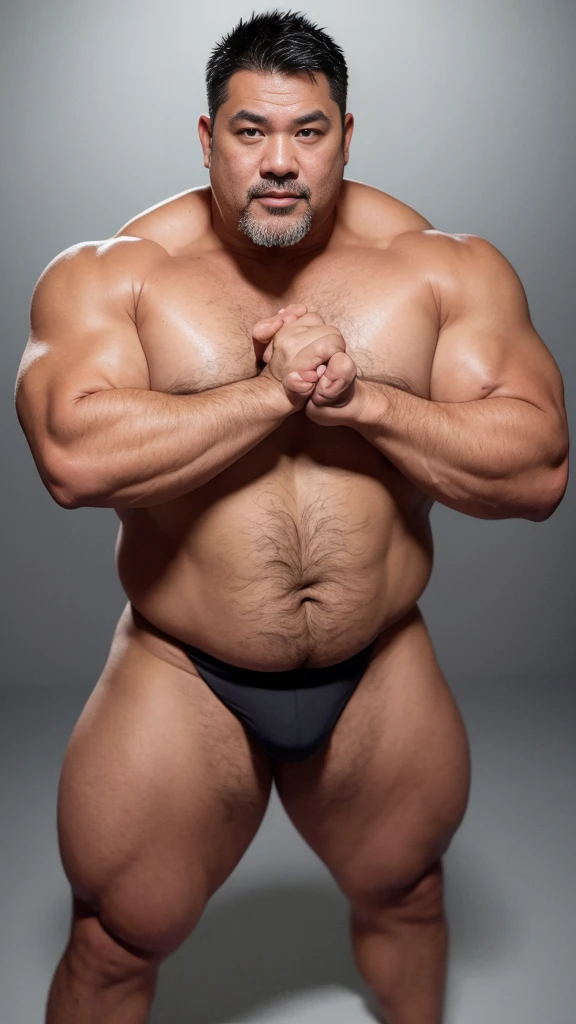 black hair, middle-aged man, individual, male, Muscular wrestler, muscular, Stout wrestler, Asian, Japanese, uncle, 55 year old middle-aged man, short hair, short hair, red wrestling boots, full body portrait, shadow, Vision, red briefs, obesity, 45 years old, short beard, middle-aged man, tattoo, fingerless gloves, Wheat skin, shiny skin, dark skin, Show your pectoral muscles, sumo wrestler, bodybuilder, wide temples, Visible abdominal muscles, Smile, Fine hands, solid color background, pure white background, Surrealism, Panorama, 8k, super detail,
