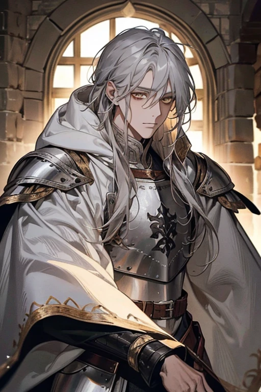 male, messy silver medium length hair with bangs, yellow eyes, adult face, adult, white hood and shroud, breast plate armor, handsome, medieval fantasy, ruins, sorcerer, looking at viewer