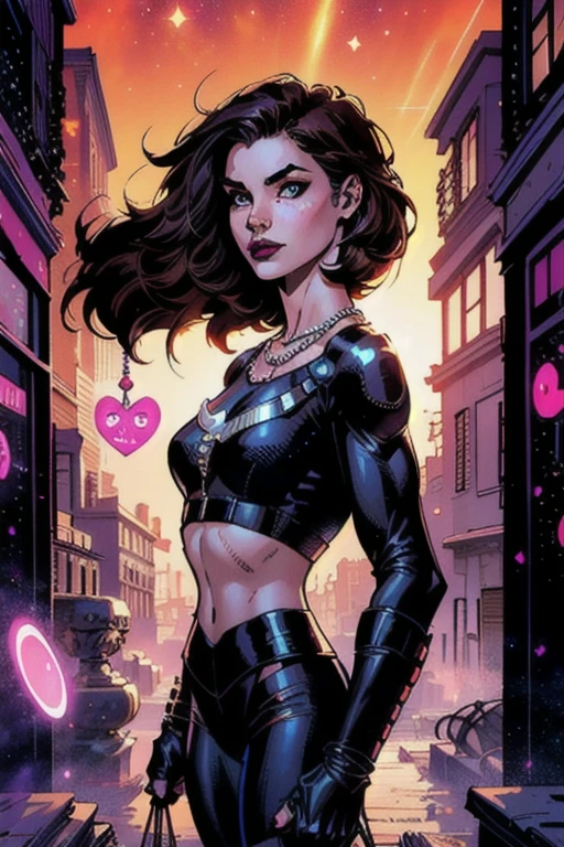 A profile illustration of a woman with light skin color, big colorful eyes (colorful eyes), wide dark brown eyebrows, a button nose, faint freckles, a heart shaped face, pink lips with a soft Cupid’s bow, her hair is chin length and short with a middle part (short hair) (middle part) (galaxy), her hair is a dark brown (very dark brown hair) but has a galaxy in them and dozens of stars (galaxy hair). She has a sly smile and cocky expression. She is wearing an all black pantsuit (black pantsuit) with a black crop top, black fingerless gloves, many necklaces (many necklaces). Her hair is floating. The background is a city at twilight with purple and dark blue.