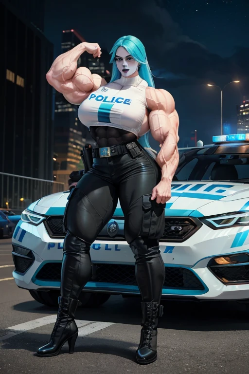 ((((Massive, tall, beautiful, buff, pale white skinned muscular policewoman with cyan hair, black lipstick, ginormous bulky muscles standing near a police car and wearing a sleeveless police uniform with pants)))), close view, vascular, massive muscles, massive biceps, hyper muscle triceps, (coiled long hair), purple eyes, high heels boots, (city surrounded with police cars), evening, closed smile, hyper muscles arms, hyper muscle legs, massively buff arms.