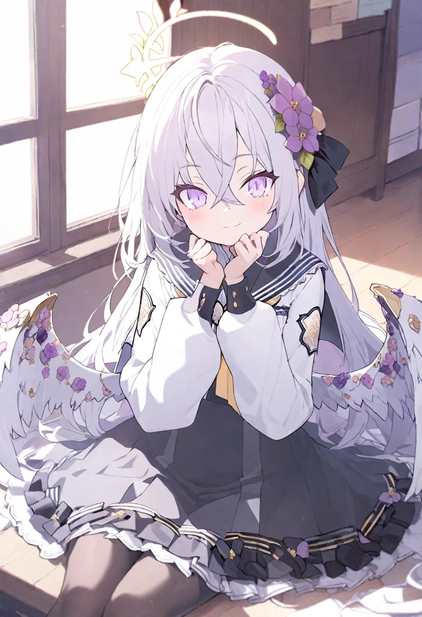  azusa \(blue archive\),AddXL,1girl black_pantyhose blush feathered_wings feet_out_of_frame flower grey_hair hair_flower hair_ornament halo hands_on_own_cheeks hands_on_own_face indoors light_smile long_hair long_sleeves looking_at_viewer pantyhose purple_eyes school_uniform serafuku sitting solo straight_hair very_long_hair white_wings wing