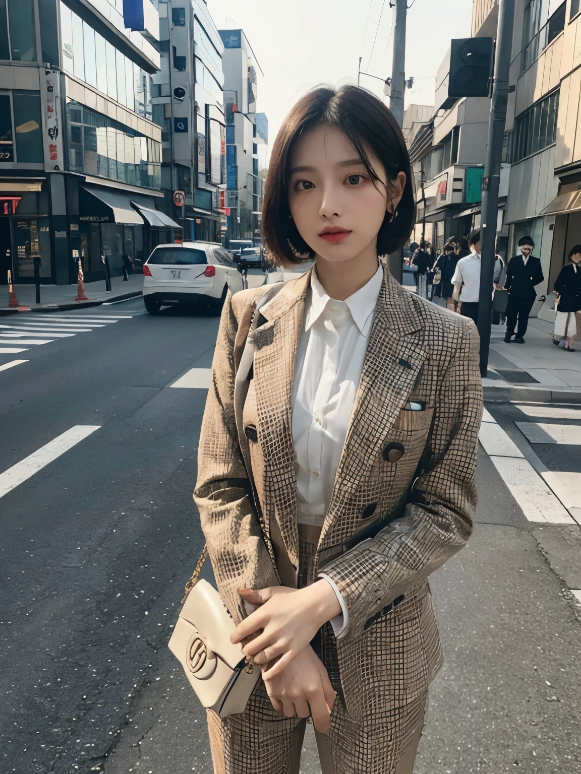 bewitching eyes, balanced eyes, //Street Snap //Wearing a Gucci multi-color set-up suit and shirt,//breast focus, ((facing the viewer)), //On the streets of Tokyo, //japanese lady, pale skin, //droopy eyes,//Short hair, //((standing)), high quality:1.3, professional lighting:2.0 realistic:1.2, 4K resolution, detailed skin, masterpiece:1.1