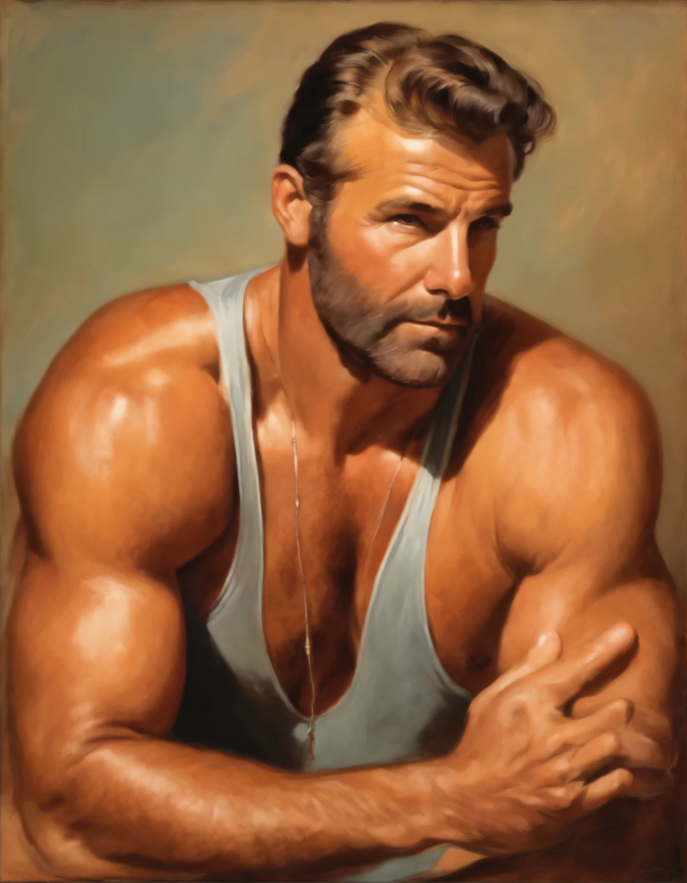 Big bald handsome man on his 50s with a very toned hairy body. Extremely sexy, shirtless wearing shorts. by James Montgomery Flagg, by Harold von Schmidt.