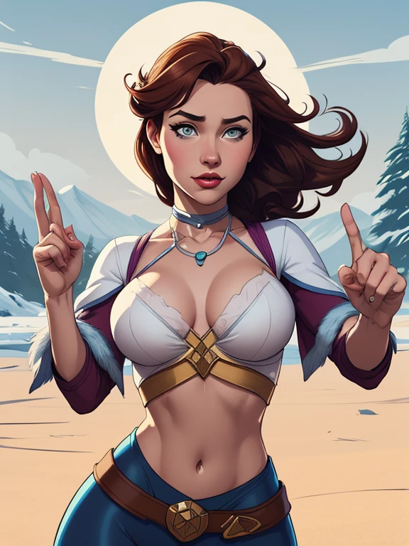 Woman style character beautiful breasts symmetrical medium breasts Fiona queen Anna of Arendelle with war marks Cartoon image of a woman .Ilustra??o estilo desenho animado, estilo de arte dos desenhos animados, estilo de arte dos desenhos animados, digital illustration style, estilo atompunk design de personagens altamente detalhado, arte digital detalhada coragem, Forest fan art, Design de personagens de retrato, beautiful digital illustration, retrato de alta qualidade, Arte em quadrinhos, mulher jovem cabelo com transas lindas . Queen Anna of ArendelleBeautiful lined eyes Medium large bust and wonderful sexy clothes. image expression of sexual desire from waist to head illustration Queen Anne of Arendelle atompunk style Fallout 4 style pose playboy magazine 1 brunette Megara, usando vestido grego longo roxo, style of disney animation, melhor qualidade, arte digital, sitting bored at night, cercado por luz azul e chamas azuis