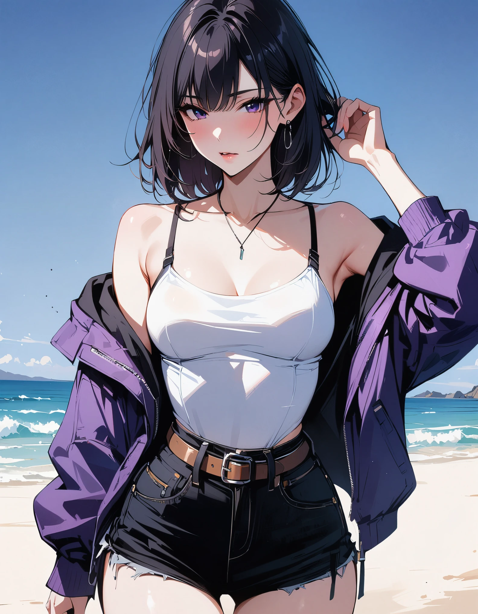 (masterpiece, best quality:1.2), 1 girl, alone , sexy , purple  jaket , cutoff-jeans , (cowboy shot) , black hair ,  (white top)