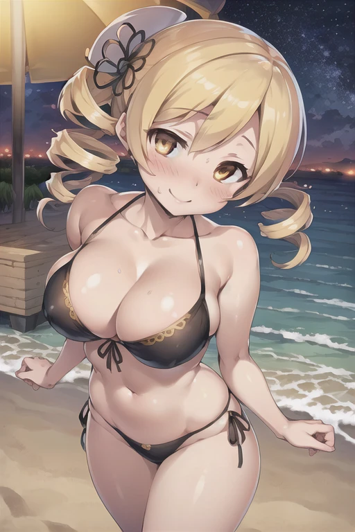 (masterpiece), (highest quality), (figure), (Very detailed), (High resolution), (8k), (Perfect Anatomy), (Anatomically correct), One Girl, Very large breasts, Big Breasts, Twin tails, Drill Hair, (Golden Hair), very cute girl, Short, young, , Young, delicate, Attention to girls, she, smile, charming smile, blush, Best moment, Junior and senior high school students, low length, Golden Eyes, Bright Eyes, Vivid eyes, cute, Thighs, Waistline, Being spoiled, Innocent, i love you, Love Viewer, Beautiful Skin, Beautiful body, cute face, delicate arms, Innocent, Boyfriend's gaze, Vivid eyes, Neat, blush, whole body, Seductive, Detailed skin texture, Intricate details, Very detailedな顔, Beautiful Eyes, Big Eyes, heart, Desire to monopolize, Quote, Beautifully shaped breasts, Looking up, I love you, Mami Tomoe, Beach at night, Flashy Bikini, No hat, No hair accessories, Date for two, walk on the sandy beach, Intricate Iris Details,