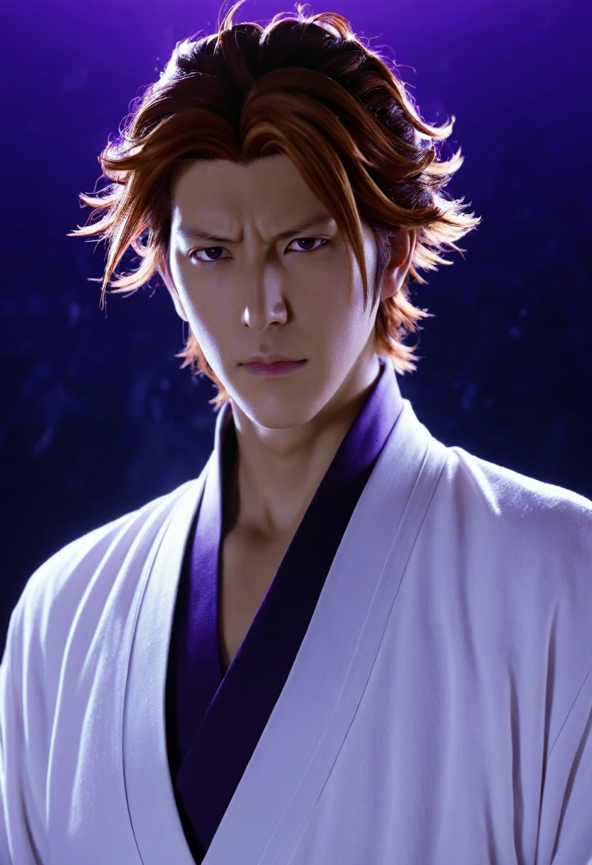 (masterpiece, best quality:1.2),1 boy,Solitary,(Aizen Sosuke),close up,bad posture,bleach, Strong aura, purple halo,8k,k, HD, unparalleled masterpiece, Dynamic Lighting, Movie, epic