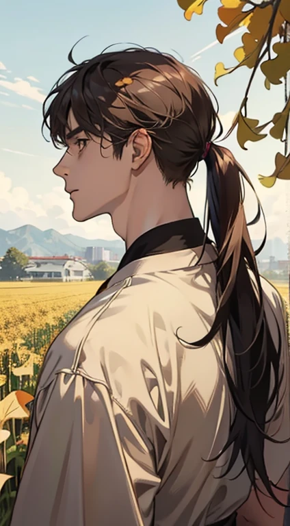 masterpiece, best quality, realistic, 1man, male focus, male model, tall muscular, handsome, closed mouth, simple clothes, portrait,extremely detailed face, low ponytail coffee brown hair, flying bangs, yellow eyes, sky background, simple background, SIDE VIEW, looking at the viewers, view from the back, flying ginkgo leaves, ginkgo trees field, MALE ONLY, MALE