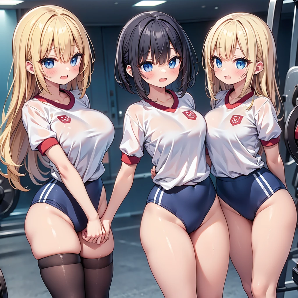 (cute eyes:1.2), (sparkling eyes:1.2), highest quality,wonderful,finely,extremely detailed CG Unity 8K wallpaper, (Stand in line:1.2), (3 girls, clothed), (gym uniform,red buruma, white shirt, short sleeves, thighs:1.3), (midium breasts), (open mouth:1.1), (long tongue:1.1), (mouth drool:1.1), (black stockings:1.1),(Thighs:1.1),(Waistline:1.1)