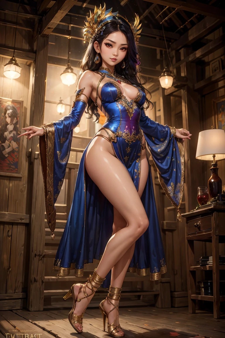 high resolution, Masterpiece, Best Quality, ((Hasselblad photo)), Sharp focus, (Cinematic lighting), Soft lighting, Dynamic Angle, girls, Mature Indonesian woman, (Wearing a Indonesia dance dress:1.2), carnival, Indonesia dress, fine detailed skin, Very long wavy black hair, Highly detailed hair, high heels, large full chest a narrow waist, big size ass, bare belly, sparkly skin, exotic, sexy, erotic, intricate detail, ((Cinematic light)),((batik)) , Indonesia, carnival, Colors, 8K