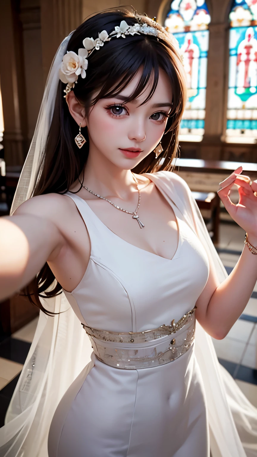(((Pixel Perfect, Perfect details))), Solitary, 1 girl,bride, yuigahama yui, Keep your mouth shut,pink glossy lips,穿著bride禮服的特写,Gulwitz, (((bride頭紗))),(Transparent short veil),blush,Eyeshadow,Blushing face,Head flower,headgear,((Bouquet)),((((tube top wedding dress)))),(((Strapless Wedding Dress))),(Bare shoulders),Pure white dress,(((necklace))),((earrings)),(large breasts:1.3),Bangs,Lipstick,((White long elbow gloves)),Half-length photo,High Detail RAW Color Art,White long skirt,There is a railway track next to it,(standing on the railroad tracks:1.3),18 years old, (Long twin tails:1.5),(Double bun:1.5), Black Hair,night,Rainy Day