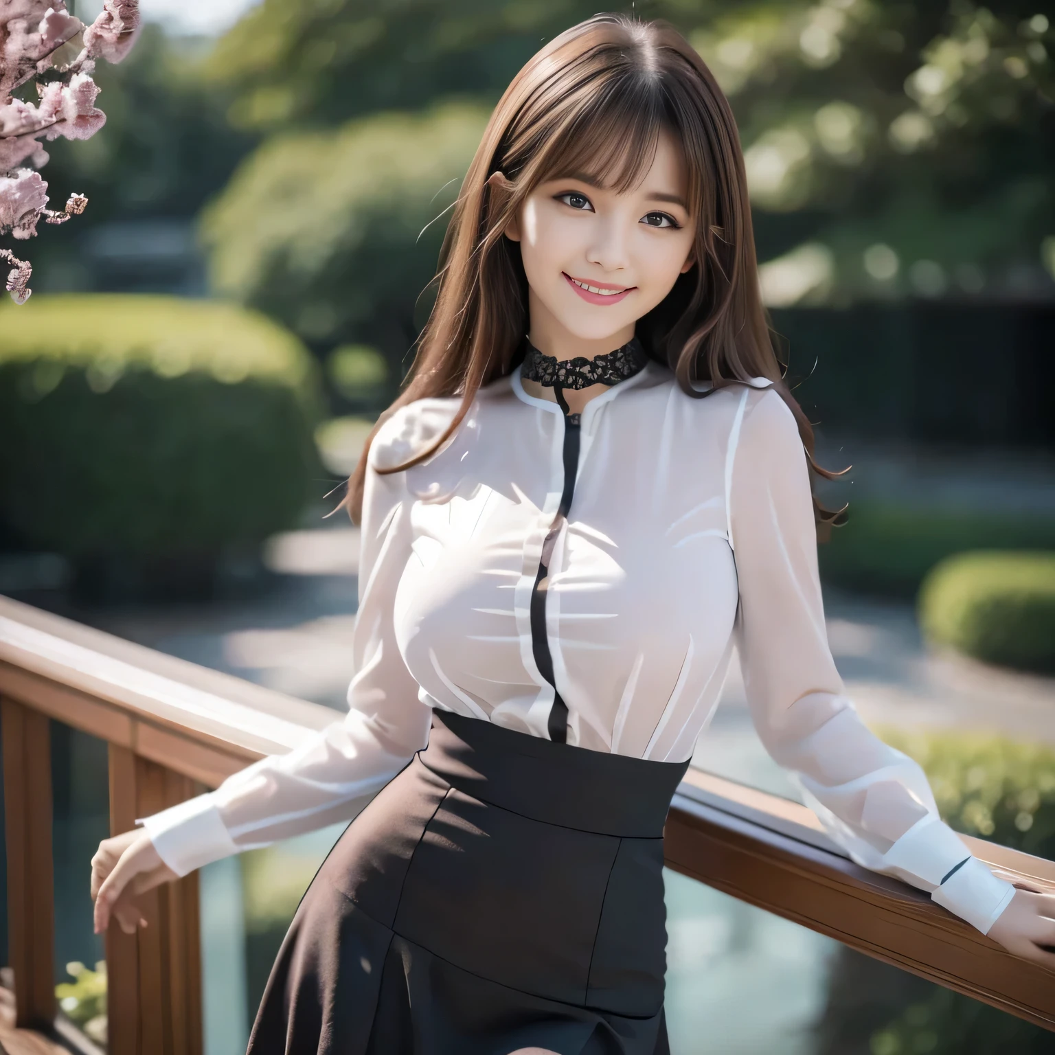 Group photo, Group photo, Very beautiful woman, Highly detailed eyes, Highly detailed face, Sexy and highly detailed lips, Super detailed everything, Attractive woman, Black Choker, blue eyes, Very long eyelashes, bangs, Big Breasts, ((smile)), highest quality, masterpiece, ((Slim face)), Japanese actress, servant, ((High nose)), ((Tight shirt、See-through shirt、Pink dress shirt)), Happy atmosphere, Fun smile, mini skirt, garden、Medium Hair