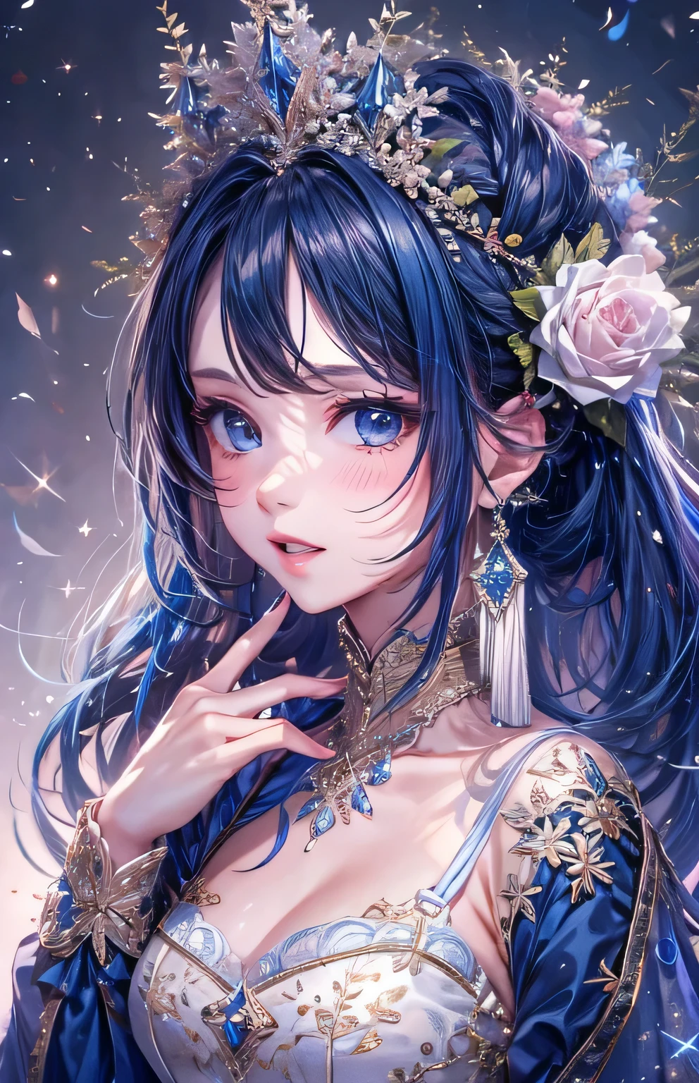 ((highest quality)), ((masterpiece)), (Get used to it), Perfect Face , beautiful girl , Adult female ,Medium breast ,Princess , Dark blue , bouquet ,