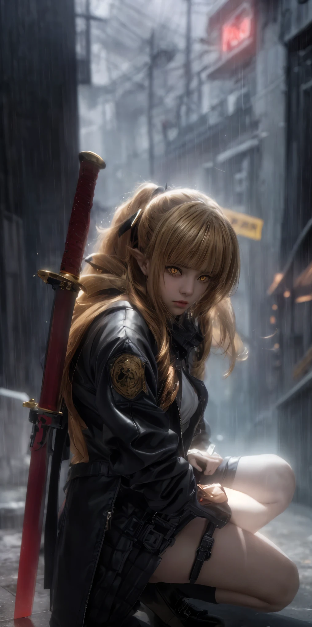 rose, blonde hair, long hair, drill hair, anatomically correct, heavy breathing, mature female, anime girl kneeling down with a sword in her back, weapon, sword,  1girl, sheath,  solo, sheathed, looking_at_viewer, skirt, thigh_strap, shoes, jacket, blurry, rain, piercing, outdoors, dim light, (cinematic:1.2), kneeling, teachwear jacket, miniskirt, "glow effects, godrays, Hand drawn, render, 8k, octane render, cinema 4d, blender, dark, atmospheric 4k ultra detailed, cinematic, Sharp focus, big depth of field, Masterpiece, colors, 3d octane render, 4k, concept art, trending on artstation, hyperrealistic, Vivid colors, extremely detailed CG unity 8k wallpaper, trending on CGSociety, Intricate, High Detail, dramatic", (shaded face:1.2), hollow eyes, golden eyes, looking at viewer, (heavy breathing:1.2), sullen , lips, glowing eyes,