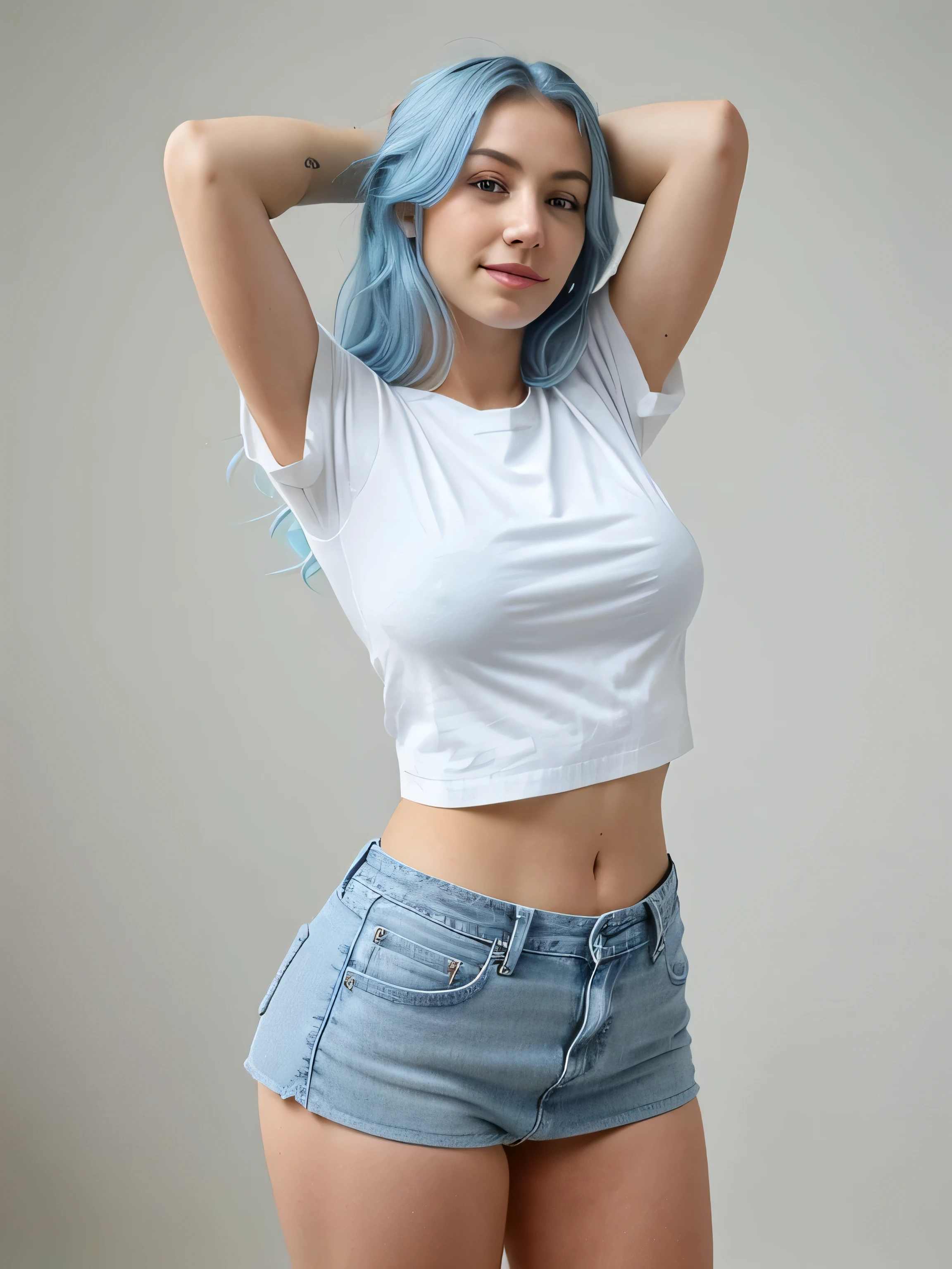 The image shows a woman standing in front of a light gray background. She has strong light blue hair with soft waves, and her bright blue eyes and warm smile create a friendly expression. She is wearing a white short-sleeved top that enhances her figure and a denim miniskirt. Her arms are slightly raised, which gives a welcoming or cheerful feeling. The lighting is bright and even, suggesting an indoor environment with natural light. She appears to be posing for a casual photo. The simplicity of the background focuses all the attention on her. With white shirt and strong light blue hair she has very toned medium breasts and big buttocks big ass big ass. She wears strong blue hair, blue hair. The woman has bright blue hair , the woman has a white shirt that combines with bright blue hair
