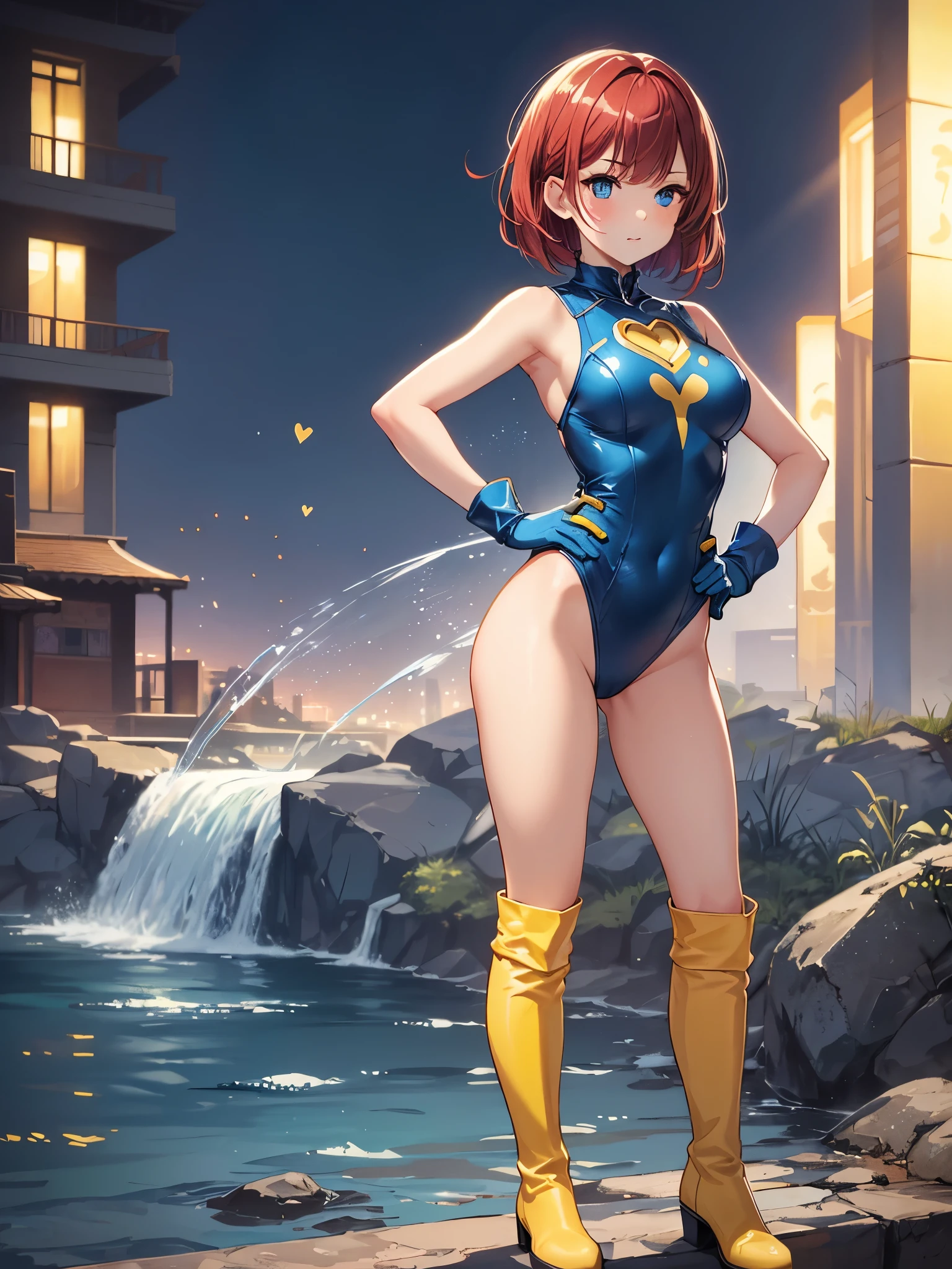 ((masterpiece)), ((best quality)), ((high res)), 1girl, solo, solo focus, single, superhero, heroic, (leotard, gymnast_outfit leotard, dark blue leotard with yellow accents, sleeveless, bare legs), (knee boots, matching boots), looking at the viewer, miami city backdrop, perfect hands, complete fingers, (blue gloves, matching gloves), perfect anatomy, perfect proportions, medium breasts, (red hair, short hair, bob hair, bangs, waterfall bangs), light blue eyes, beautiful detailed eyes, beautiful detailed face, cute face, (hands on hip), standing, standing straight, full body with costume, cowboy shot, ((yellow heart symbol on chest)), serious