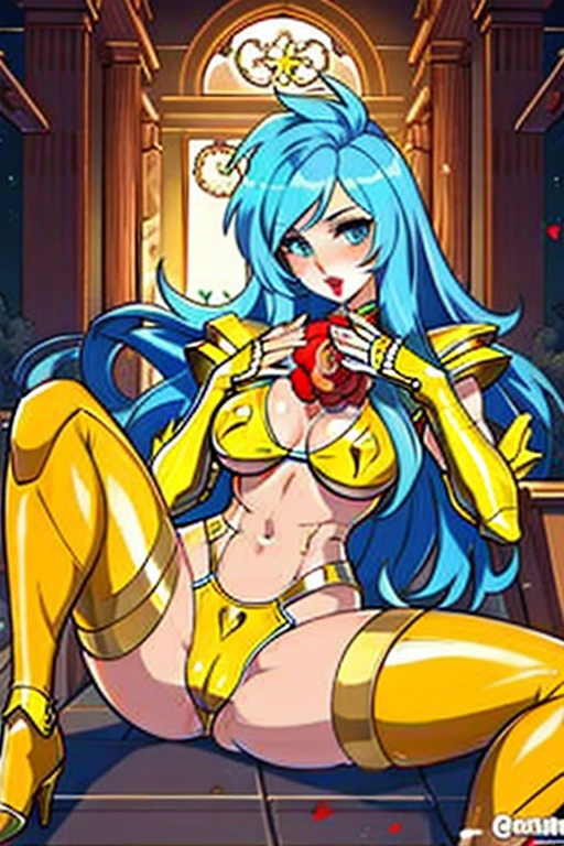 obra maestra, Mejor calidad, obra maestra, cara detallada, ojos detallados, cuerpo completo, 1 chica, pelo azul, pelo largo, blue hair, long hair, red lips, armadura de bikini femenina, gold armour,gemas aguamarina, rosa en la boca, templo griego, rosas en el suelo, breast, nsfw, +18, spreads legs