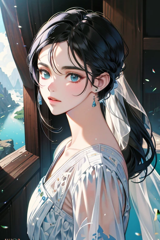 Close do rosto, uma garota usando um brinco de ouro, trends on Artstation, 8K resolution, Muito detalhado, Anatomicamente Correto, clear images, pintura digital, arte conceitual, trends on pixiv, Estilo Makoto Shinkai,