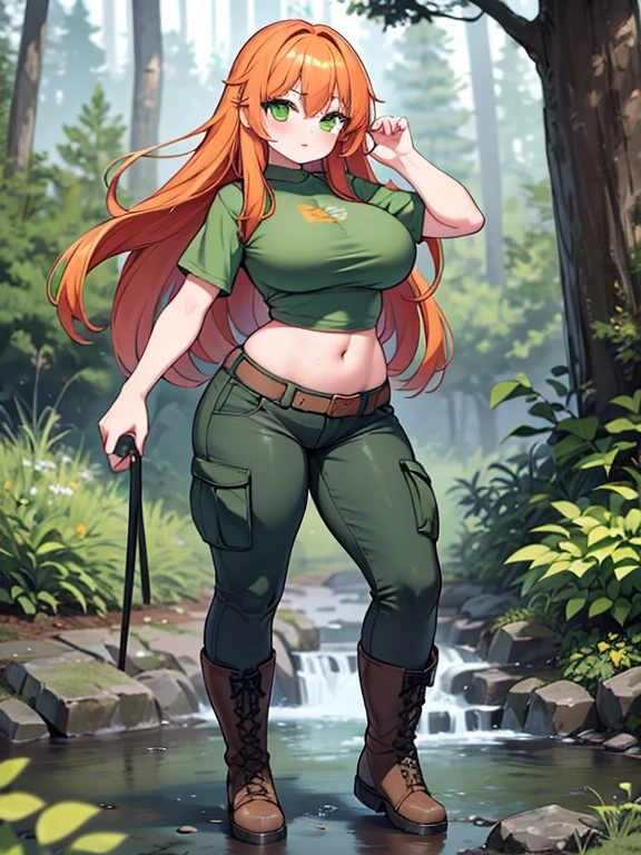 A Beautiful Adventurous Cute Girl, ((18 years-old)), with (Lush, Long Orange Hair), (Beautiful Green Eyes), Biggest Breasts, extremely wide hips, slightly muscular, mildly slim figure. Wearing a (worn, Olive Green Tunic), Leather Waistband, (worn, Long DarkBrown Pants), and (Tall Grey Boots). Standing in a Forest, with a confident expression and a adventurous smile.