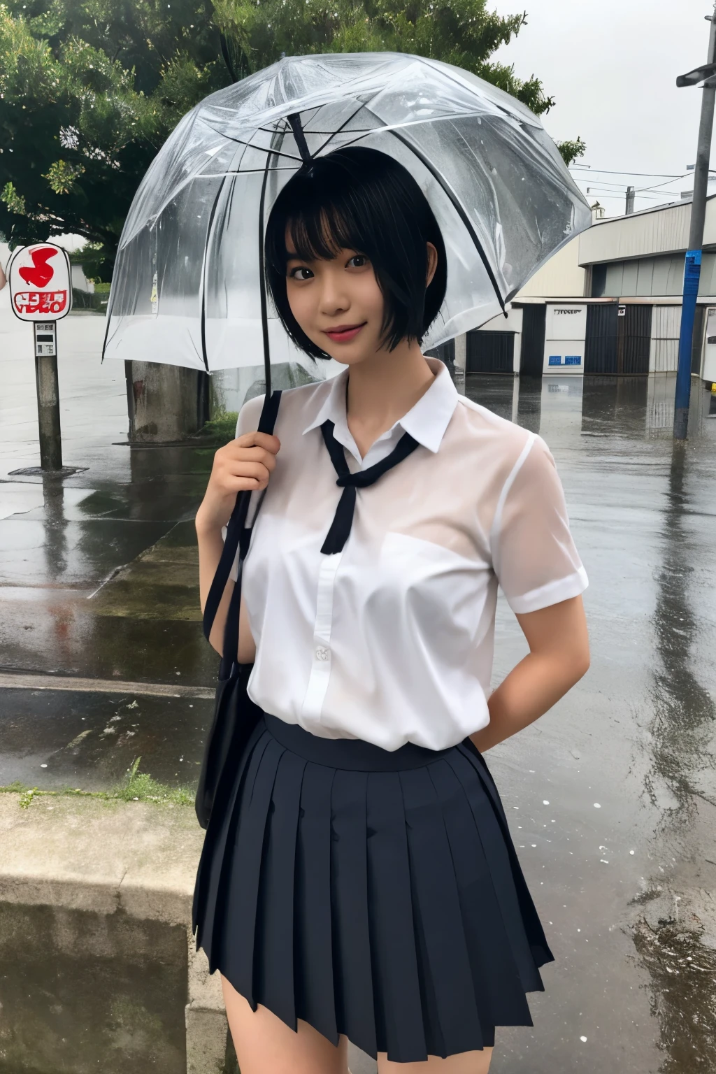 Masterpiece、highest quality、Woman 1、Super detailed、gravure　Black Hair、Short Hair　Japanese school girl uniform、Pleated skirt、see through、getting wet from rain、Basking in the rain　Rainy city、flood