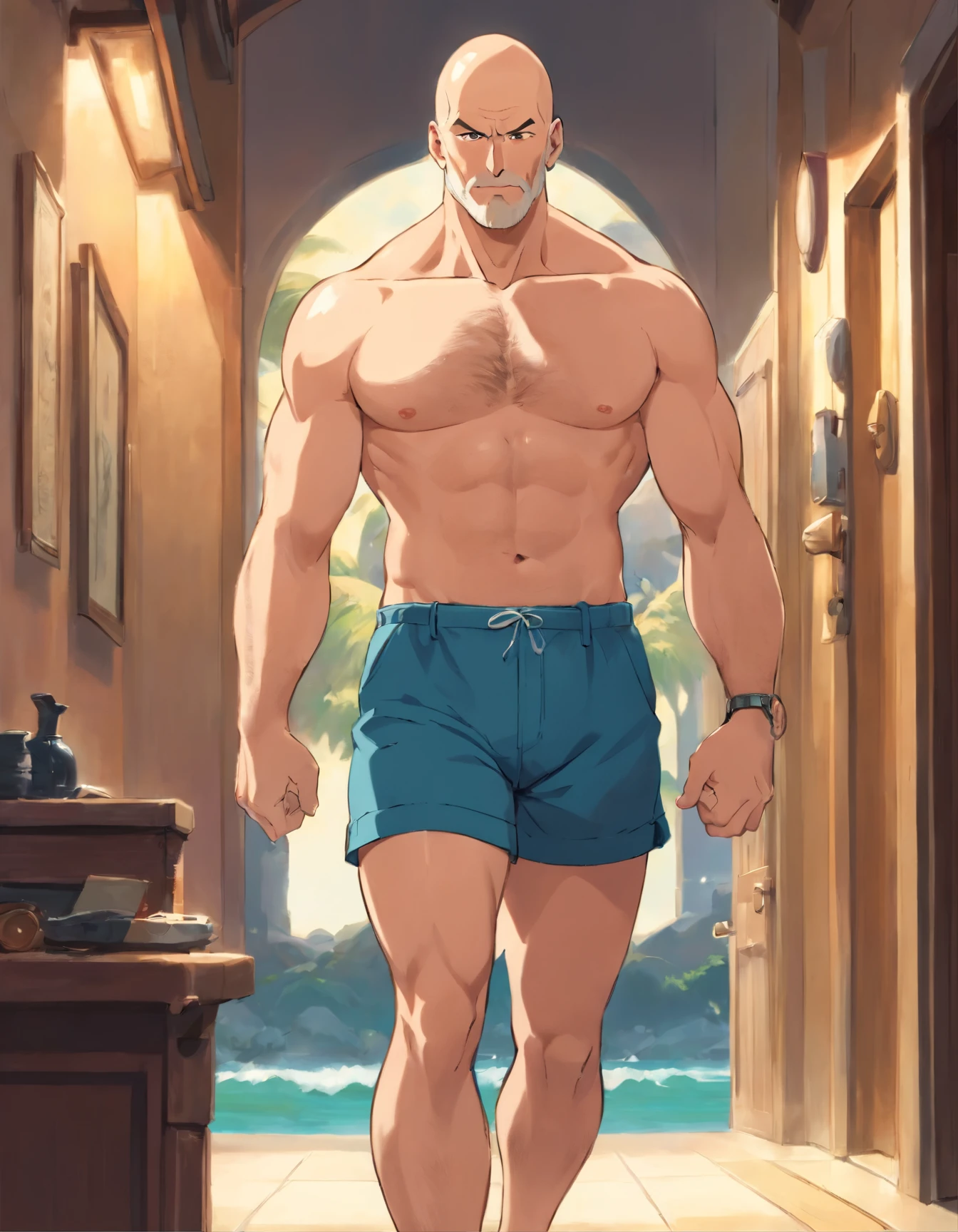 Big bald handsome man on his 50s with a very toned hairy body. Extremely sexy, shirtless wearing shorts. by James Montgomery Flagg, by Harold von Schmidt.