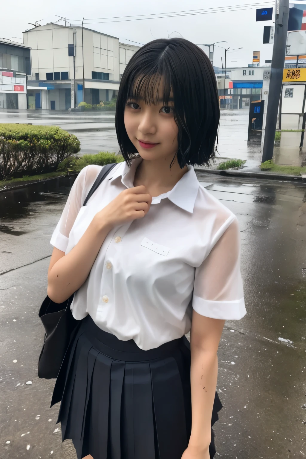 Masterpiece、highest quality、Woman 1、Super detailed、gravure　Black Hair、Short Hair　Japanese school girl uniform、Pleated skirt、see through、getting wet from rain、Basking in the rain　Rainy city、flood