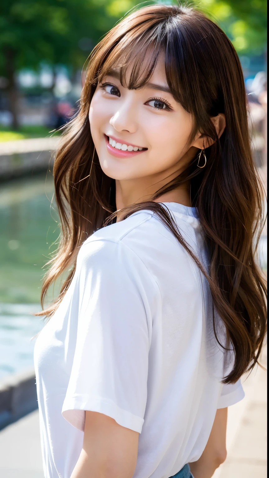(8k、highest quality、masterpiece、超A high resolution、High resolution face:1.3)、Portrait、(20-year-old girl:1.3)、Bokeh Depth of Field、frontage、 The smile of a genius、Ultra-detailed、Ultra-high resolution、(Realistic、Realistic photos:1.37)、High-resolution RAW color photos、Professional photography、hVery detailed and beautiful、Very detailed、8k Picture Wallpaper、Incredibly detailed、Large file size、Official Art、HVery detailed CG Unity 8k wallpapers、hVery detailed beautiful girl、Very detailed顔、Very detailed目、Very detailed皮膚、Very detailed指、hVery detailed nose、Very detailed詳細な口、Perfect Anatomy、HVery detailed clothing、1 girl、(18:1.2)、Teen、cute、Famous Japanese Idols、cute、Realistic body、、White skin、Glowing Skin、The body is slim、Handsome body、Brown haired、(Blunt bangs:1.2)、Classic wavy long hair、 (Hmph:1.3),Laughter、cute、cute faces、Source Order、White T-shirt、Skirt、Cowboy Shot、Along the River、Backwards、Contrapo、public、Beauty in the back