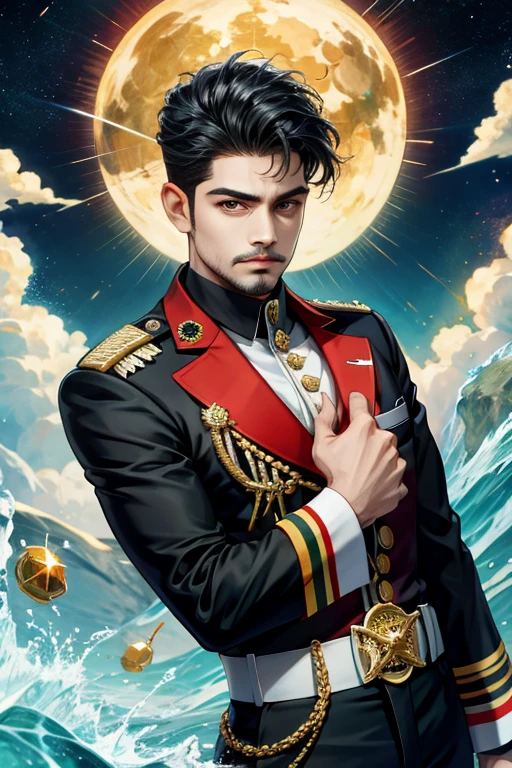 (absurdos, high resolution, Um altamente detalhado), 1 homem, only, maduro, bonito, cara alto e musculoso, ombros largos, detalhes complexos, colori, detalhes mais altos, fantasia, real, nobre, Almirante, Cabelo curto, cabelo loiro, olhos azuis, comandante da frota, marinha, oc, roupa branca