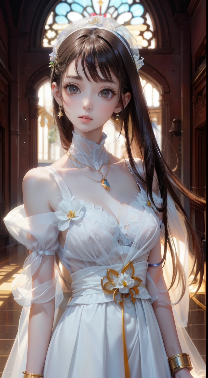 full body、((top-quality、masterpiece、8K))、Beauty 1 person、delicate and beautiful face、extremely detailed eye and face、beatiful detailed eyes、15yo student、(Dress with lots of fluffy lace in rococo style and a large ribbon)、Cute pink and white dress with puff sleeves、Elegant smile、(Luxurious dance party in medieval European style)、Glamorous headdress、Pedras preciosas、Luxury Accessories、European-style castle、Cinematic lighting、Textured skin、Super Detail、high detailing、High quality、hight resolution、looking at viewer、Medieval European style、Pedras preciosas